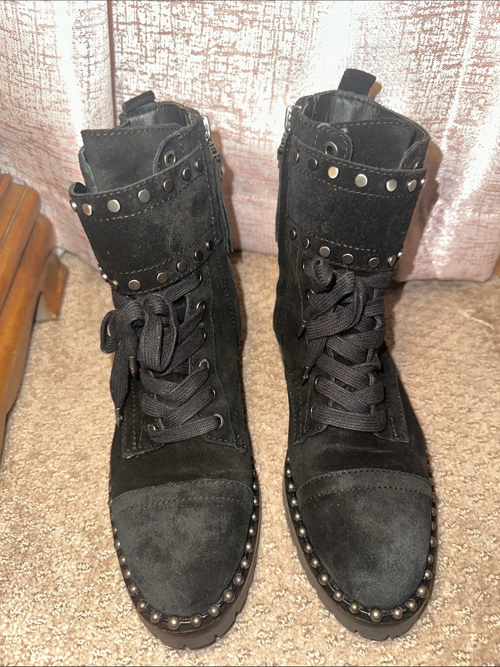 Sam Edelman Black Studded Suede Lace-Up Ankle Boots